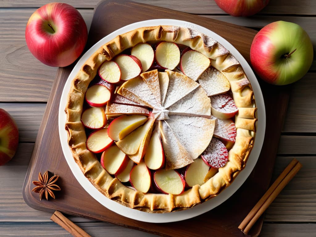  A photorealistic image of a beautifully plated lowcalorie apple pie, showcasing a perfectly golden crust with thinly sliced apples arranged in a decorative pattern on top. The pie sits on a rustic wooden table, surrounded by fresh apples, cinnamon sticks, and a dusting of powdered sugar, with a soft, natural light illuminating the scene to highlight the textures and colors of the dessert. hyperrealistic, full body, detailed clothing, highly detailed, cinematic lighting, stunningly beautiful, intricate, sharp focus, f/1. 8, 85mm, (centered image composition), (professionally color graded), ((bright soft diffused light)), volumetric fog, trending on instagram, trending on tumblr, HDR 4K, 8K