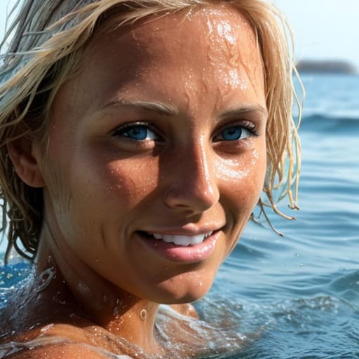  tanned blonde woman's face drowning in the water The shore is visible in the background