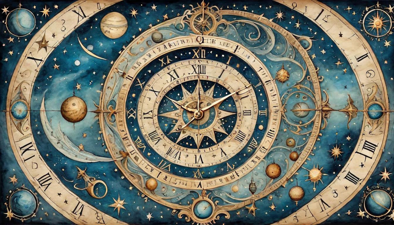  on parchment, surrealism+++, Intricately detailed celestial clock, stars and planets in motion, harmonious, precise(mysterious, provocative, symbolic,muted color)+++