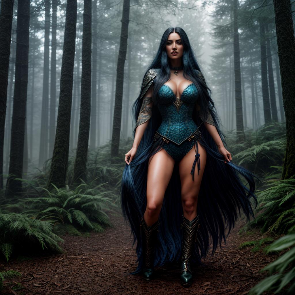  Girl with long black hair and blue eyes dancing in a mystical forest, detailed character design, realistic shading, 8k resolution, cinematic lighting, digital painting by Loish and Sakimichan, artstation, fantasy, enchanting atmosphere hyperrealistic, full body, detailed clothing, highly detailed, cinematic lighting, stunningly beautiful, intricate, sharp focus, f/1. 8, 85mm, (centered image composition), (professionally color graded), ((bright soft diffused light)), volumetric fog, trending on instagram, trending on tumblr, HDR 4K, 8K