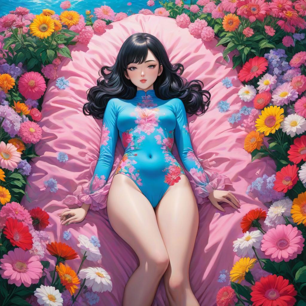  a woman laying on top of a bed of flowers, a pop art painting, tumblr, close up of a young anime girl, blue black pink, art style of junji ito, lisa frank & sho murase hyperrealistic, full body, detailed clothing, highly detailed, cinematic lighting, stunningly beautiful, intricate, sharp focus, f/1. 8, 85mm, (centered image composition), (professionally color graded), ((bright soft diffused light)), volumetric fog, trending on instagram, trending on tumblr, HDR 4K, 8K