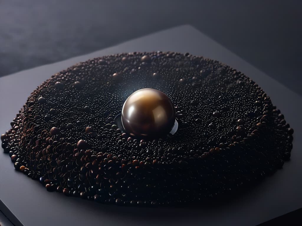  An ultradetailed closeup image of shiny, dark chocolate caviar pearls arranged in a perfectly straight line on a sleek, matte black surface. Each individual pearl reflects the surrounding light, showcasing its smooth texture and rich color. The precision and uniformity of the pearls create a visually striking and sophisticated image, highlighting the meticulous technique required to create chocolate caviar. hyperrealistic, full body, detailed clothing, highly detailed, cinematic lighting, stunningly beautiful, intricate, sharp focus, f/1. 8, 85mm, (centered image composition), (professionally color graded), ((bright soft diffused light)), volumetric fog, trending on instagram, trending on tumblr, HDR 4K, 8K