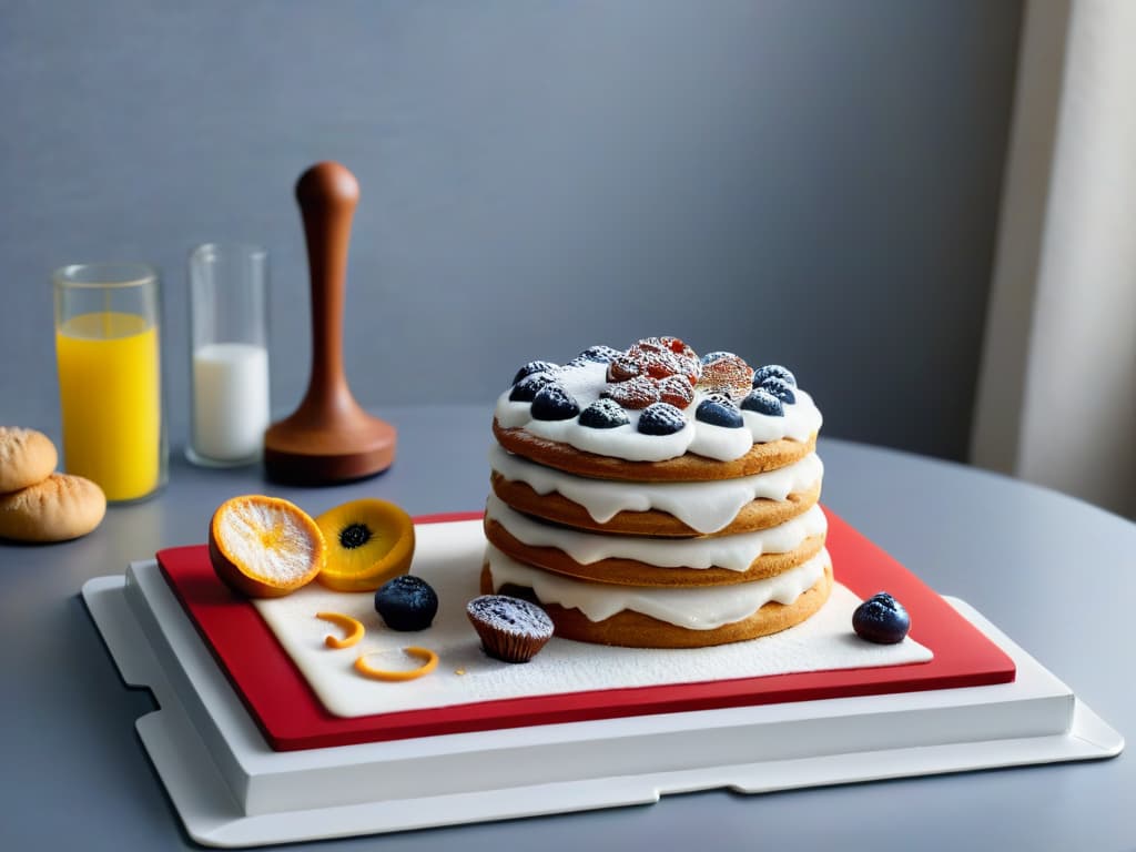  An ultradetailed, minimalist image of a sleek, modern kitchen countertop adorned with a variety of innovative and colorful baking tools, including precision scales, silicone molds, piping bags, and uniqueshaped cookie cutters. The tools are neatly arranged in an aesthetically pleasing manner, creating a visually striking and inspirational scene for aspiring bakers. The image conveys a sense of precision, creativity, and sophistication, perfectly complementing the theme of innovative pastry books in 2022. hyperrealistic, full body, detailed clothing, highly detailed, cinematic lighting, stunningly beautiful, intricate, sharp focus, f/1. 8, 85mm, (centered image composition), (professionally color graded), ((bright soft diffused light)), volumetric fog, trending on instagram, trending on tumblr, HDR 4K, 8K