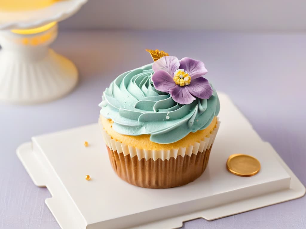  A closeup, ultradetailed image of a beautifully decorated glutenfree gourmet cupcake, featuring intricate swirls of pastelcolored frosting adorned with delicate edible flowers and shimmering gold leaf accents, all set against a softfocus background to highlight the exquisite details of the dessert. hyperrealistic, full body, detailed clothing, highly detailed, cinematic lighting, stunningly beautiful, intricate, sharp focus, f/1. 8, 85mm, (centered image composition), (professionally color graded), ((bright soft diffused light)), volumetric fog, trending on instagram, trending on tumblr, HDR 4K, 8K