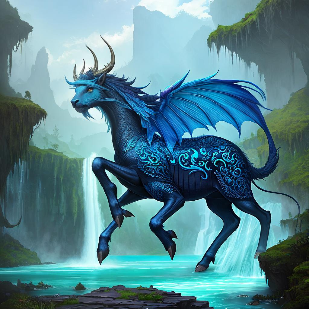  in a fantasy setting, Paint a surreal landscape where mythical beasts roam amidst cascading waterfalls.