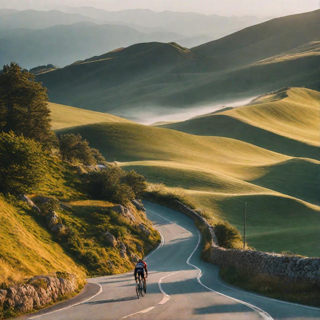  A winding mountain road with cyclists ascending, the sun casting long shadows, and a distant view of a summit with supporters lining the route. real, 8k, 35mm, bike, stock photo hyperrealistic, full body, detailed clothing, highly detailed, cinematic lighting, stunningly beautiful, intricate, sharp focus, f/1. 8, 85mm, (centered image composition), (professionally color graded), ((bright soft diffused light)), volumetric fog, trending on instagram, trending on tumblr, HDR 4K, 8K