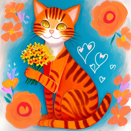  Orange Gabby cat holding flowers and heart