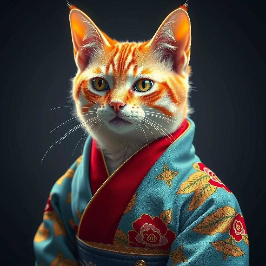  crie uma imagem de um gato persa vestido com um kimono elegante. o kimono deve ser detalhado, com padrões tradicionais e cores vibrantes, como vermelho, dourado e azul, refletindo o estilo clássico ..... hyperrealistic, full body, detailed clothing, highly detailed, cinematic lighting, stunningly beautiful, intricate, sharp focus, f/1. 8, 85mm, (centered image composition), (professionally color graded), ((bright soft diffused light)), volumetric fog, trending on instagram, trending on tumblr, HDR 4K, 8K