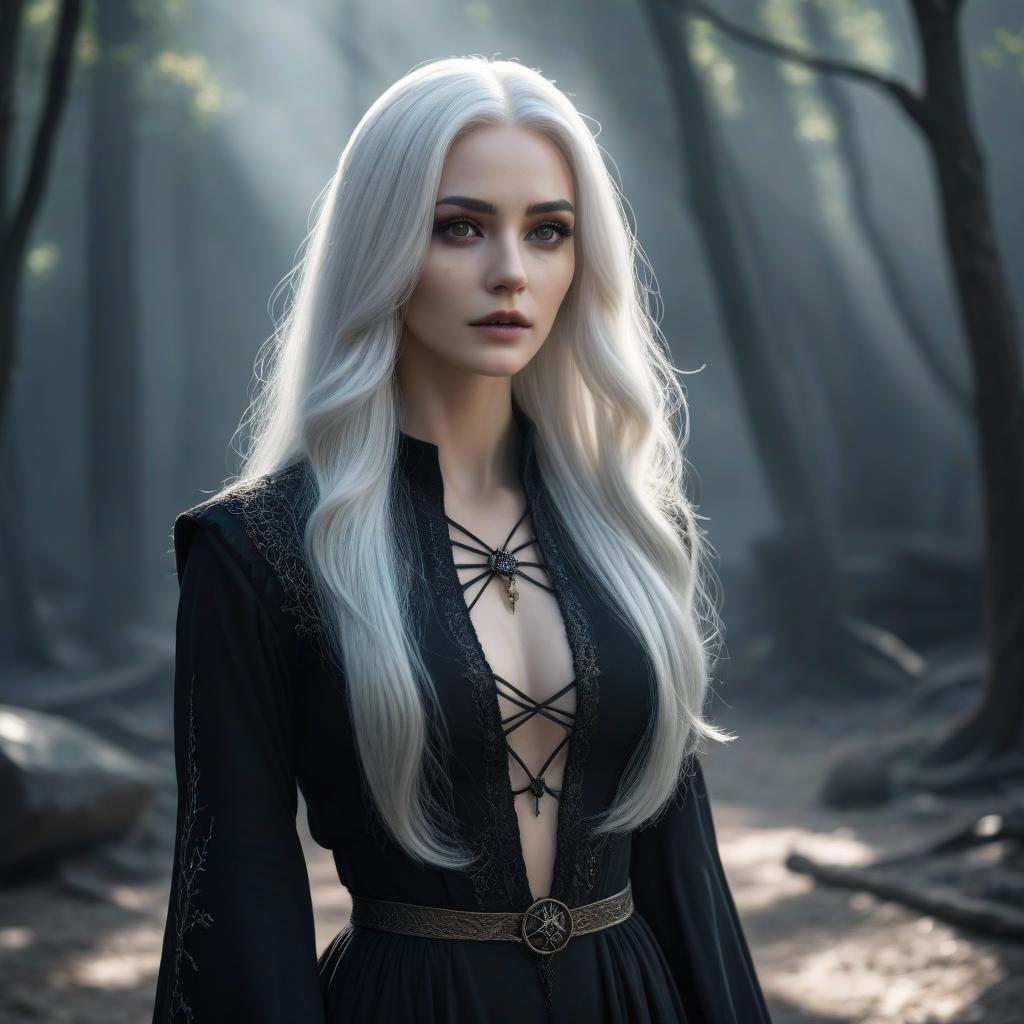  Girl, witch, white hair, long hair, smooth hair, black hair ends, magic, body in cracks, face in cracks, black spots, black eyes, person, pale skin. hyperrealistic, full body, detailed clothing, highly detailed, cinematic lighting, stunningly beautiful, intricate, sharp focus, f/1. 8, 85mm, (centered image composition), (professionally color graded), ((bright soft diffused light)), volumetric fog, trending on instagram, trending on tumblr, HDR 4K, 8K