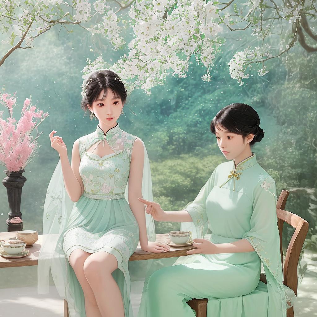  Masterpiece, best quality, a modern oriental woman with short hair, dressed in a light green and white Chinese dress made of delicate fabrics and embroidery, sitting on her side, elegantly facing the audience, exuding elegance. The photo shows her bust, legs wrapped delicately. The background is a tea bar environment, exuding refinement and tranquility. This photo reminds one of the fascinating world of Studio Ghibli. This photo is presented in a unique style, combining watercolor and pastel elements to create a dreamy ambience. This goal was achieved by using a high-resolution camera to capture every intricate detail of the woman's outfit and using a shallow depth of field to focus on her charming expression. 9:16 ratio, age around 30