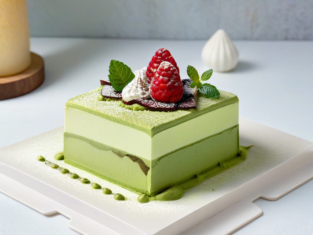  An ultradetailed closeup image of a delicate matcha green tea tiramisu dessert elegantly presented on a simple white plate, showcasing layers of fluffy green teainfused mascarpone cream, soft sponge cake soaked in espresso, and a dusting of vibrant matcha powder on top. The dessert is garnished with a single plump raspberry and a sprig of fresh mint, all set against a clean, modern backdrop that emphasizes the dessert's refined simplicity and fusion of Asian and Western flavors. hyperrealistic, full body, detailed clothing, highly detailed, cinematic lighting, stunningly beautiful, intricate, sharp focus, f/1. 8, 85mm, (centered image composition), (professionally color graded), ((bright soft diffused light)), volumetric fog, trending on instagram, trending on tumblr, HDR 4K, 8K