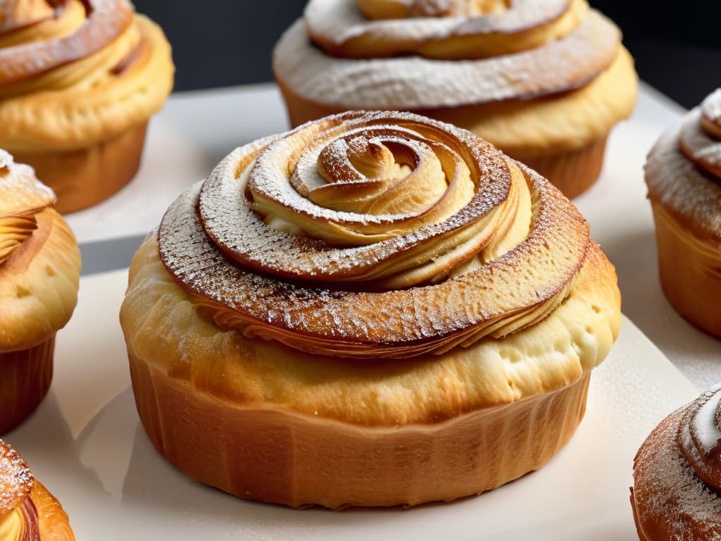  An ultradetailed closeup image of a freshly baked cruffin, showcasing its flaky layers and golden crust, dusted with a light sprinkle of powdered sugar. The lighting highlights the intricate swirls of the pastry, with a subtle sheen that enhances its texture and conveys a sense of warmth and freshness. The background is blurred to keep the focus solely on the delicious cruffin, inviting the viewer to indulge in its fusion of croissant and muffin layers. hyperrealistic, full body, detailed clothing, highly detailed, cinematic lighting, stunningly beautiful, intricate, sharp focus, f/1. 8, 85mm, (centered image composition), (professionally color graded), ((bright soft diffused light)), volumetric fog, trending on instagram, trending on tumblr, HDR 4K, 8K