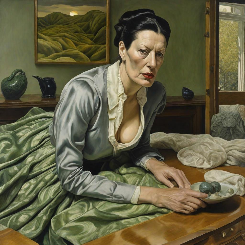  UNA MUJER SOBRE LA LUNA Y NUBES Y UNA PIEDRA DE JADE CON, SE VE EN EL PISO HIERBA QUE NACE DEL PISO, TODO ESTO EN EN ESTILO ACUARELA, high quality high detail painting by lucian freud, hd, photorealistic lighting, style of van gogh hyperrealistic, full body, detailed clothing, highly detailed, cinematic lighting, stunningly beautiful, intricate, sharp focus, f/1. 8, 85mm, (centered image composition), (professionally color graded), ((bright soft diffused light)), volumetric fog, trending on instagram, trending on tumblr, HDR 4K, 8K