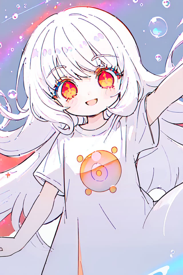  ((texture,contrast,top quality)),(madeon,bubble background) BREAK solo,girl,kawaii,happy smile,dot mouth,white hair,very long hair,curly hair,wide eyed,red eyes,light particle eyes,oversized T shirt,white T shirt,(dynamic angle,dynamic posing),