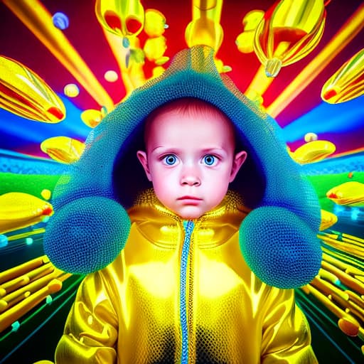 portrait+ style Painting of a child in a yellow raincoat surrounded by yellow robotic fishes, stable diffusion, absolute reality v1.6, perfect symmetry, photo realistic raw, in the style of jacek yerka and moebius and hr giger