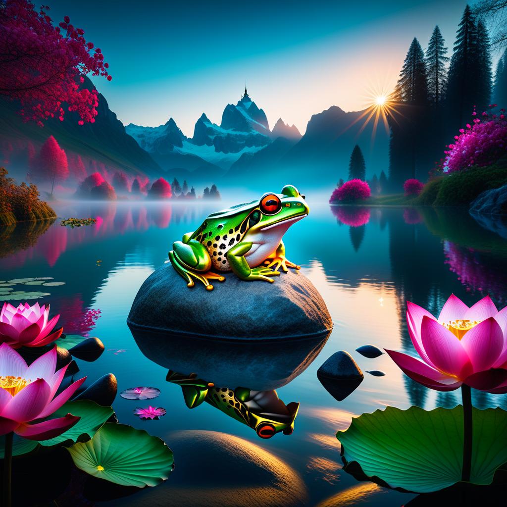  fairy tale (Background): a lake with blooming lotuses of different shades: from white pink to bright crimson and leaves of tender green colour. The sky above the lake of dark blue colour with golden stars scattered on it. (Fantasy Princess Frog): in the centre of the lake on the biggest lotus flower sits a charming frog in a golden crown decorated with blue and blue precious stones. In his paws he holds a ring decorated with blue stones. Style: fantasy, Russian fairy tales, illustrations. . magical, fantastical, enchanting, storybook style, highly detailed hyperrealistic, full body, detailed clothing, highly detailed, cinematic lighting, stunningly beautiful, intricate, sharp focus, f/1. 8, 85mm, (centered image composition), (professionally color graded), ((bright soft diffused light)), volumetric fog, trending on instagram, trending on tumblr, HDR 4K, 8K