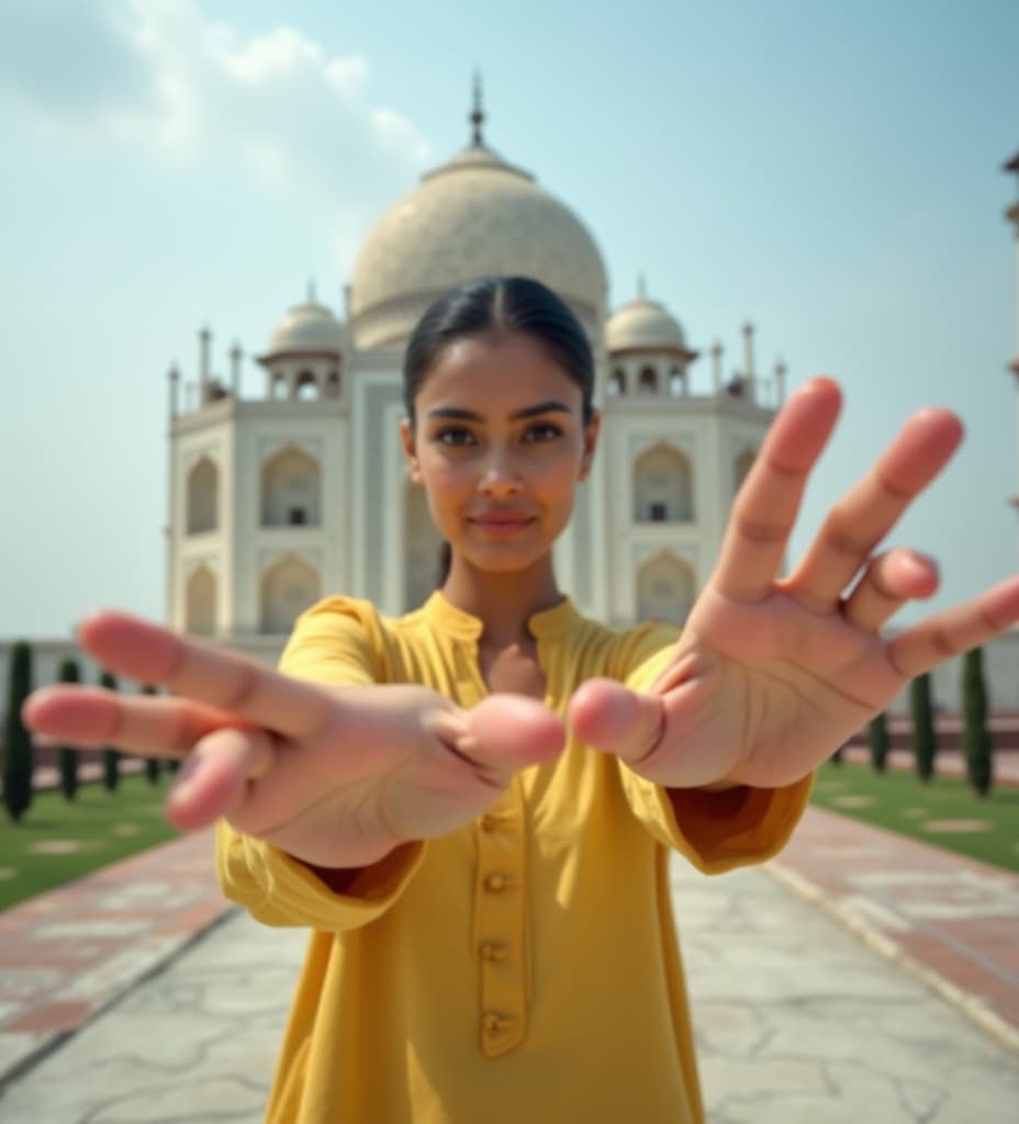  good quality, high quality, an indian woman wearing a light yellow, long sleeved outfit poses gracefully against taj mahal with dusky clouds background. her hands are extended towards the camera, creating a dynamic and immersive perspective. the focus is on the woman, with a slight blur on her hands to enhance depth. the lighting is natural, casting soft shadows and enhancing the serene, airy mood. the composition features a low angle shot that emphasizes her movement and expression, conveying a sense of freedom and elegance. the dominant color scheme is various shades of blue, blending harmoniously with the sky.