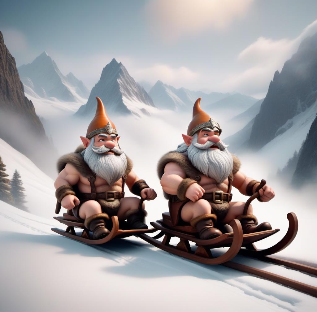  two naked cartoon dwarves on a sled going downhill from the mountains hyperrealistic, full body, detailed clothing, highly detailed, cinematic lighting, stunningly beautiful, intricate, sharp focus, f/1. 8, 85mm, (centered image composition), (professionally color graded), ((bright soft diffused light)), volumetric fog, trending on instagram, trending on tumblr, HDR 4K, 8K