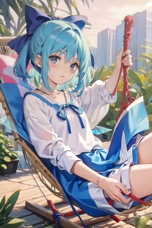  Cirno in a hammock, watercolor