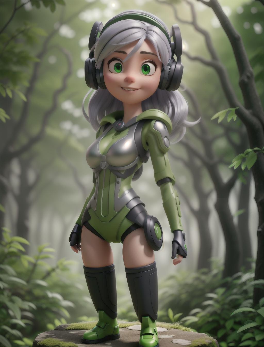  a cute cyborg girl with silver hair standing in a green forest, Dynamic Background, Vibrant Color, wearing a headset, enjoying music, no shirt hyperrealistic, full body, detailed clothing, highly detailed, cinematic lighting, stunningly beautiful, intricate, sharp focus, f/1. 8, 85mm, (centered image composition), (professionally color graded), ((bright soft diffused light)), volumetric fog, trending on instagram, trending on tumblr, HDR 4K, 8K