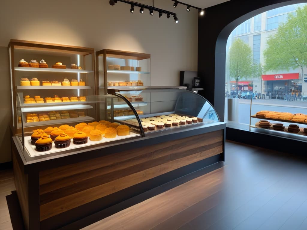  A highresolution, ultradetailed image of a sleek, modern bakery storefront with a large window display showcasing beautifully crafted thematic merchandise such as intricately designed cupcakes, cookies, and cakes, all neatly arranged on elegant stands. The interior of the bakery is visible through the window, featuring a cozy seating area with customers enjoying their thematic treats, surrounded by tasteful branding elements subtly integrated into the decor. The overall aesthetic is clean, inviting, and sophisticated, emphasizing the unique thematic experience offered by the bakery. hyperrealistic, full body, detailed clothing, highly detailed, cinematic lighting, stunningly beautiful, intricate, sharp focus, f/1. 8, 85mm, (centered image composition), (professionally color graded), ((bright soft diffused light)), volumetric fog, trending on instagram, trending on tumblr, HDR 4K, 8K