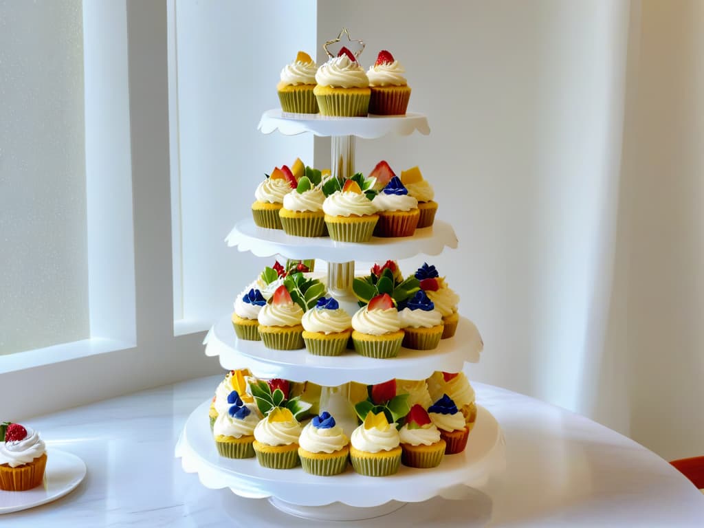  An intricately decorated cake stand with a variety of colorful and beautifully crafted cupcakes arranged neatly on a white marble tabletop, showcasing intricate frosting designs and delicate sugar decorations. The soft natural light filtering through a nearby window highlights the details of each dessert, creating a visually appealing and appetizing scene that embodies the essence of a baking competition. hyperrealistic, full body, detailed clothing, highly detailed, cinematic lighting, stunningly beautiful, intricate, sharp focus, f/1. 8, 85mm, (centered image composition), (professionally color graded), ((bright soft diffused light)), volumetric fog, trending on instagram, trending on tumblr, HDR 4K, 8K