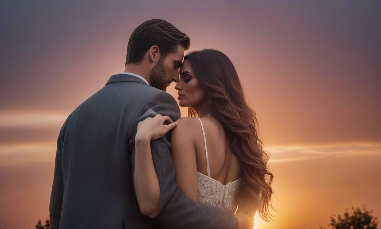  A girl with long hair and a man are embracing each other with their backs towards each other against the backdrop of sunset. hyperrealistic, full body, detailed clothing, highly detailed, cinematic lighting, stunningly beautiful, intricate, sharp focus, f/1. 8, 85mm, (centered image composition), (professionally color graded), ((bright soft diffused light)), volumetric fog, trending on instagram, trending on tumblr, HDR 4K, 8K