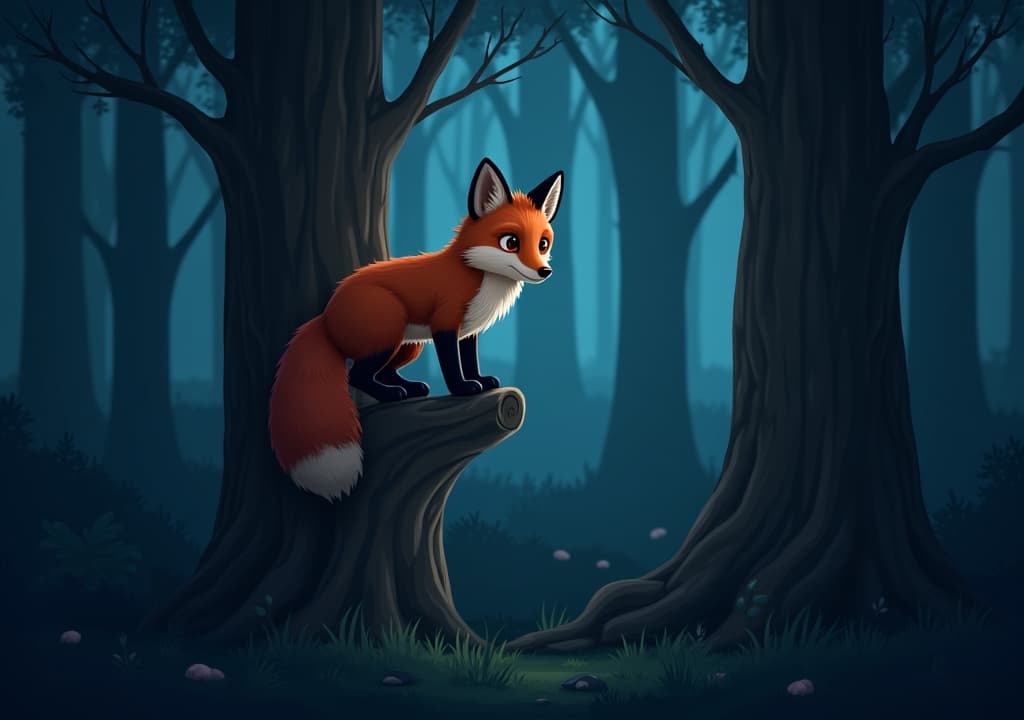  good quality, high quality, nighttime forest scene with a red fox perched on a tree trunk