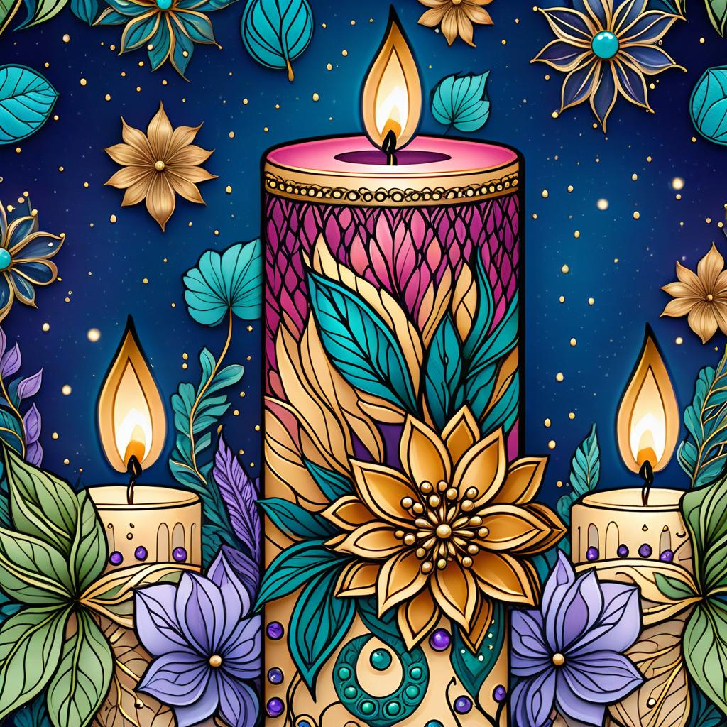  zentangle (Background):Dark blue night sky. In the sky turquoise golden stars and emerald fireworks. There are three candles on the background of the night sky. In the centre one is tall, on the sides wide and lower. (First candle decor)::pink framed with gold patterns and swirls of drops. In the middle of the candle is a flower bud and stem with emerald coloured leaves. Under the flower the candle is tied with a ribbon of blue blue colour. (Second and third candle decor):purple colour, framed with golden drops. In the middle is a purple coloured flower bud and stems with emerald coloured leaves. Zentangle have the signature uneven edge and rounded corners. The original tiles are in the form of geometric shapes: square, triangle, rectangle  hyperrealistic, full body, detailed clothing, highly detailed, cinematic lighting, stunningly beautiful, intricate, sharp focus, f/1. 8, 85mm, (centered image composition), (professionally color graded), ((bright soft diffused light)), volumetric fog, trending on instagram, trending on tumblr, HDR 4K, 8K