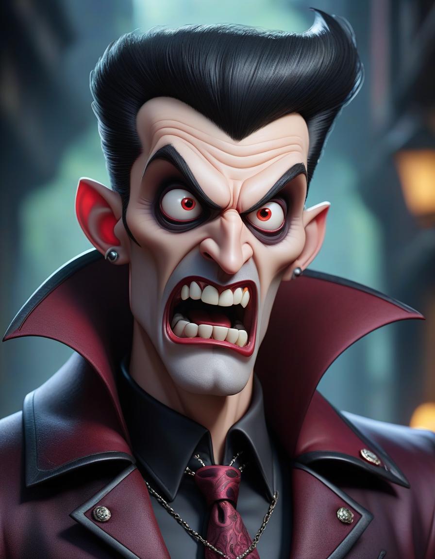  a cartoon of vampire , in the style of kenny scharf, grotesque caricatures hyperrealistic, full body, detailed clothing, highly detailed, cinematic lighting, stunningly beautiful, intricate, sharp focus, f/1. 8, 85mm, (centered image composition), (professionally color graded), ((bright soft diffused light)), volumetric fog, trending on instagram, trending on tumblr, HDR 4K, 8K