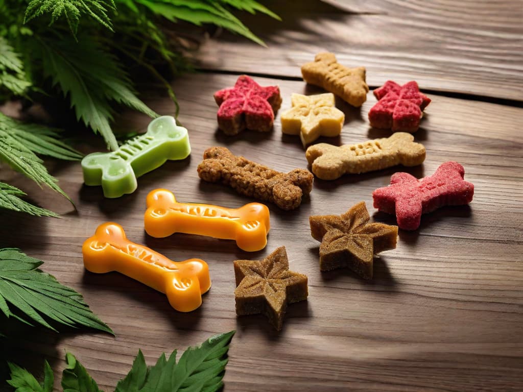  A close-up photo of a variety of CBD dog treats arranged on a wooden surface, with natural light shining on them to highlight their different shapes, colors, and textures. The treats are surrounded by scattered dry CBD leaves for a natural and organic feel. digital art, ilustration hyperrealistic, full body, detailed clothing, highly detailed, cinematic lighting, stunningly beautiful, intricate, sharp focus, f/1. 8, 85mm, (centered image composition), (professionally color graded), ((bright soft diffused light)), volumetric fog, trending on instagram, trending on tumblr, HDR 4K, 8K