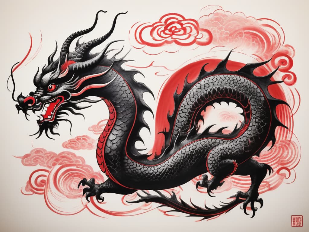  Shuǐmò huà, 水墨画, black and red ink, a dragon in chinese style, ink art by mschiffer, whimsical, rough sketch,