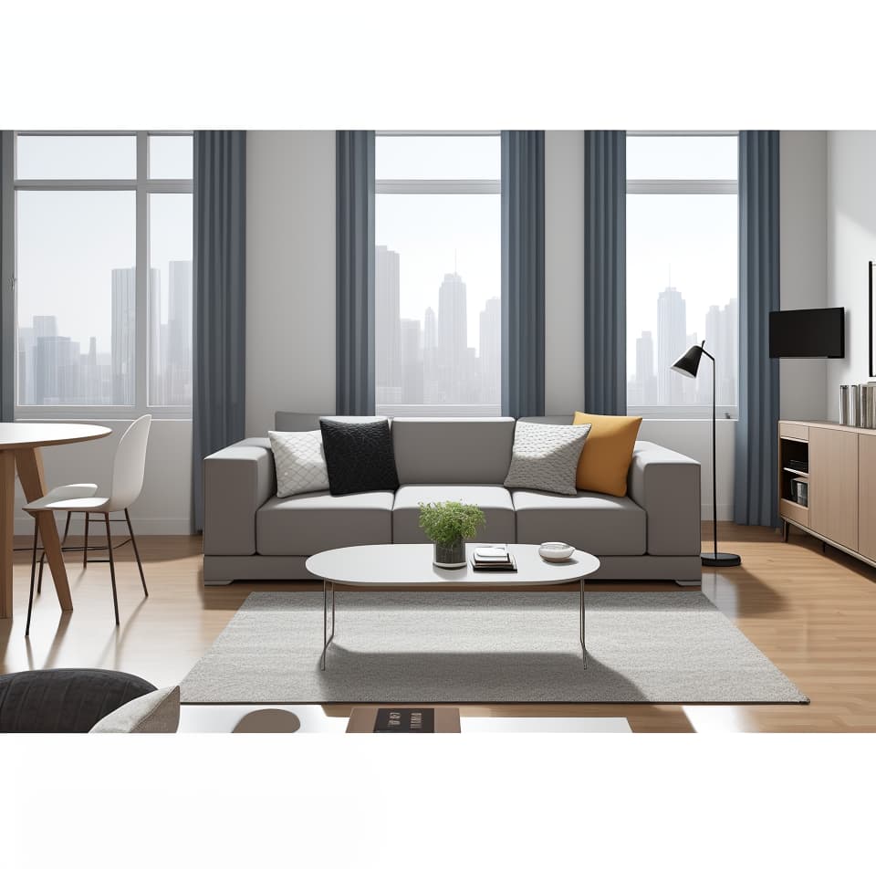  masterpiece, best quality, Best Quality, Masterpiece, 8k resolution,high resolution concept art of an apartment living room with floor to ceiling windows and modern furniture