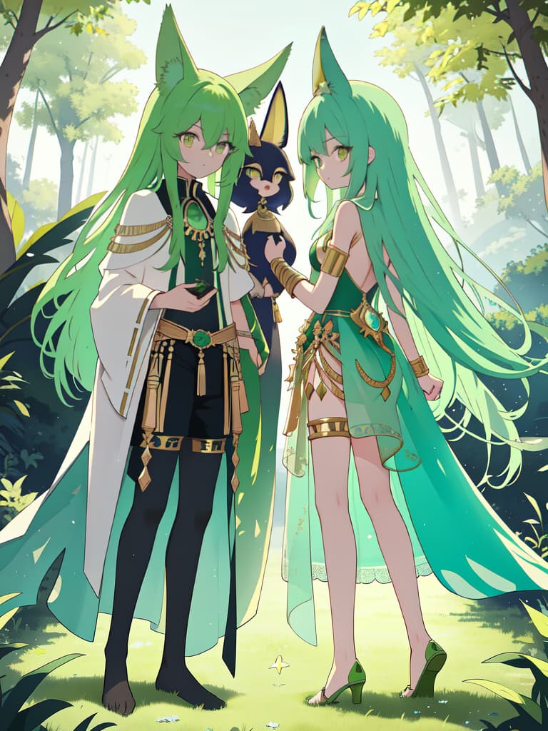  Green hair characters and Anubis are standing on the back, masterpiece, best quality,8k,ultra detailed,high resolution,an extremely delicate and beautiful,hyper detail