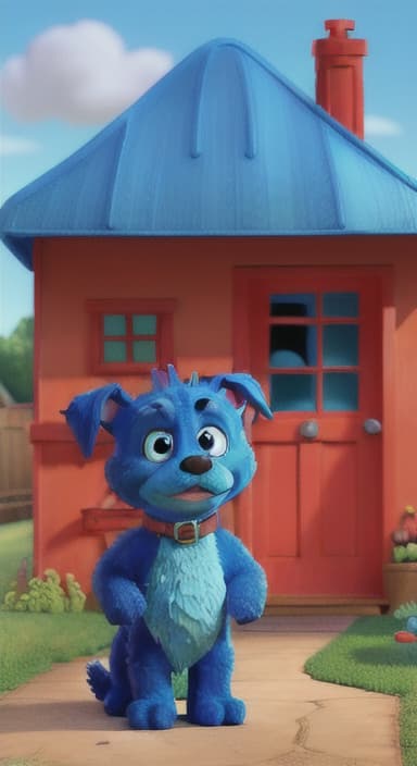  {Max the big blue dog standing in front of a cozy little house with a red door, The big blue dog is large with sky blue fur, big round eyes, a black nose, and floppy ears.