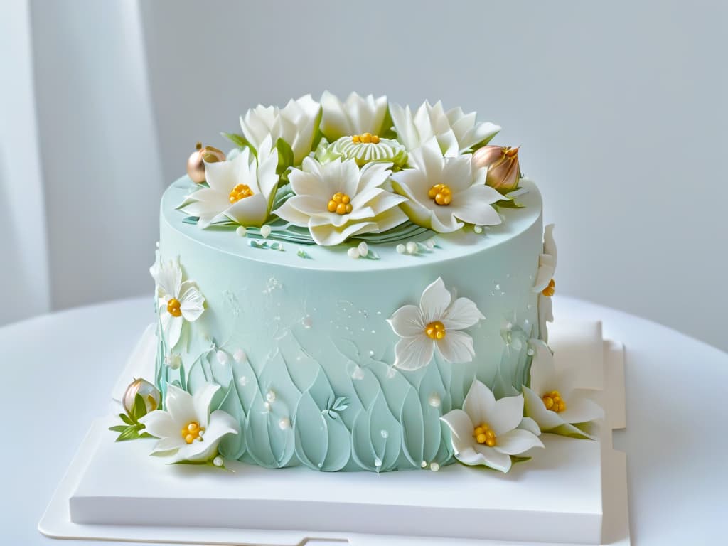  A closeup shot of a beautifully decorated multitiered cake, featuring intricate piping designs in pastel colors, delicate sugar flowers, and shimmering edible pearls. The cake is elegantly displayed on a simple white cake stand against a soft blurred background, highlighting the precision and artistry of professional cake decoration. hyperrealistic, full body, detailed clothing, highly detailed, cinematic lighting, stunningly beautiful, intricate, sharp focus, f/1. 8, 85mm, (centered image composition), (professionally color graded), ((bright soft diffused light)), volumetric fog, trending on instagram, trending on tumblr, HDR 4K, 8K