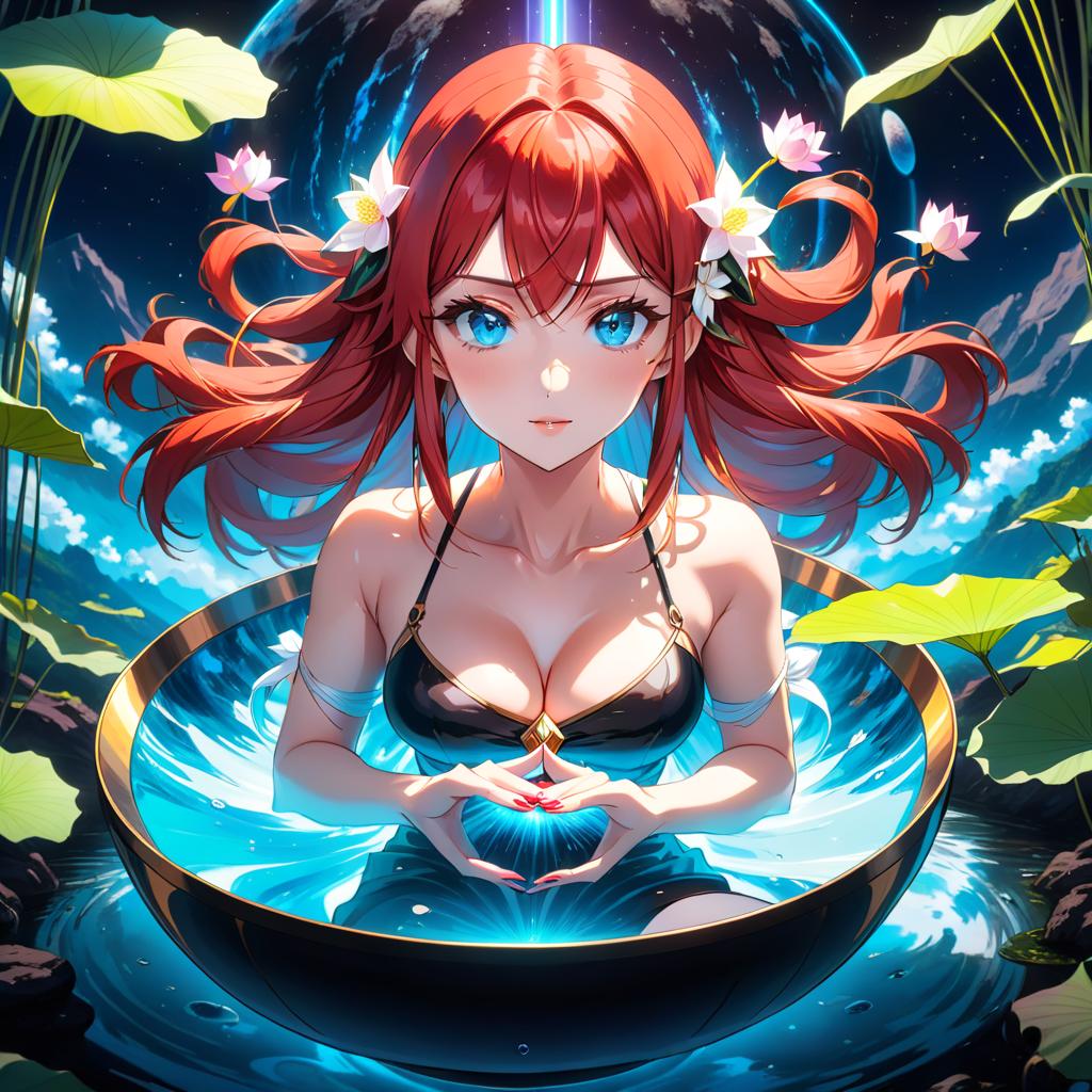  anime artwork A beautiful goddess is sitting in the lotus pose, black background, red hair, blue eyes, thin facial features, a large bowl of water in front of her, reflecting the surface of the Earth planet can be seen. . anime style, key visual, vibrant, studio anime, highly detailed hyperrealistic, full body, detailed clothing, highly detailed, cinematic lighting, stunningly beautiful, intricate, sharp focus, f/1. 8, 85mm, (centered image composition), (professionally color graded), ((bright soft diffused light)), volumetric fog, trending on instagram, trending on tumblr, HDR 4K, 8K