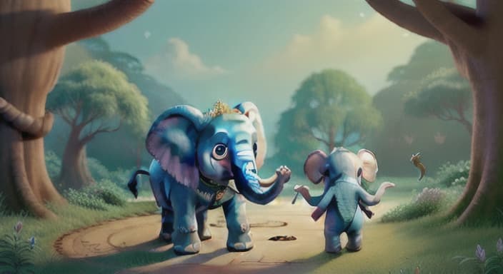  {The elephant waving goodbye to the fairy as they part ways., The elephant looks back with fondness, and the fairy waves back with a smile.