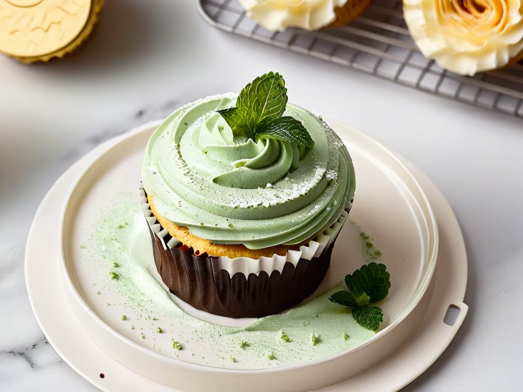  A closeup, ultradetailed image of a perfectly frosted cupcake sitting on a sleek, modern white plate. The cupcake is delicately topped with a single fresh raspberry, a sprinkle of edible gold flakes, and a mint leaf for garnish. The frosting is swirled elegantly and dusted with a hint of powdered sugar, showcasing the intricate craftsmanship of a sustainable bakery's delectable creations. The lighting is soft and natural, emphasizing the textures and colors of the dessert, making it look like a work of art. hyperrealistic, full body, detailed clothing, highly detailed, cinematic lighting, stunningly beautiful, intricate, sharp focus, f/1. 8, 85mm, (centered image composition), (professionally color graded), ((bright soft diffused light)), volumetric fog, trending on instagram, trending on tumblr, HDR 4K, 8K