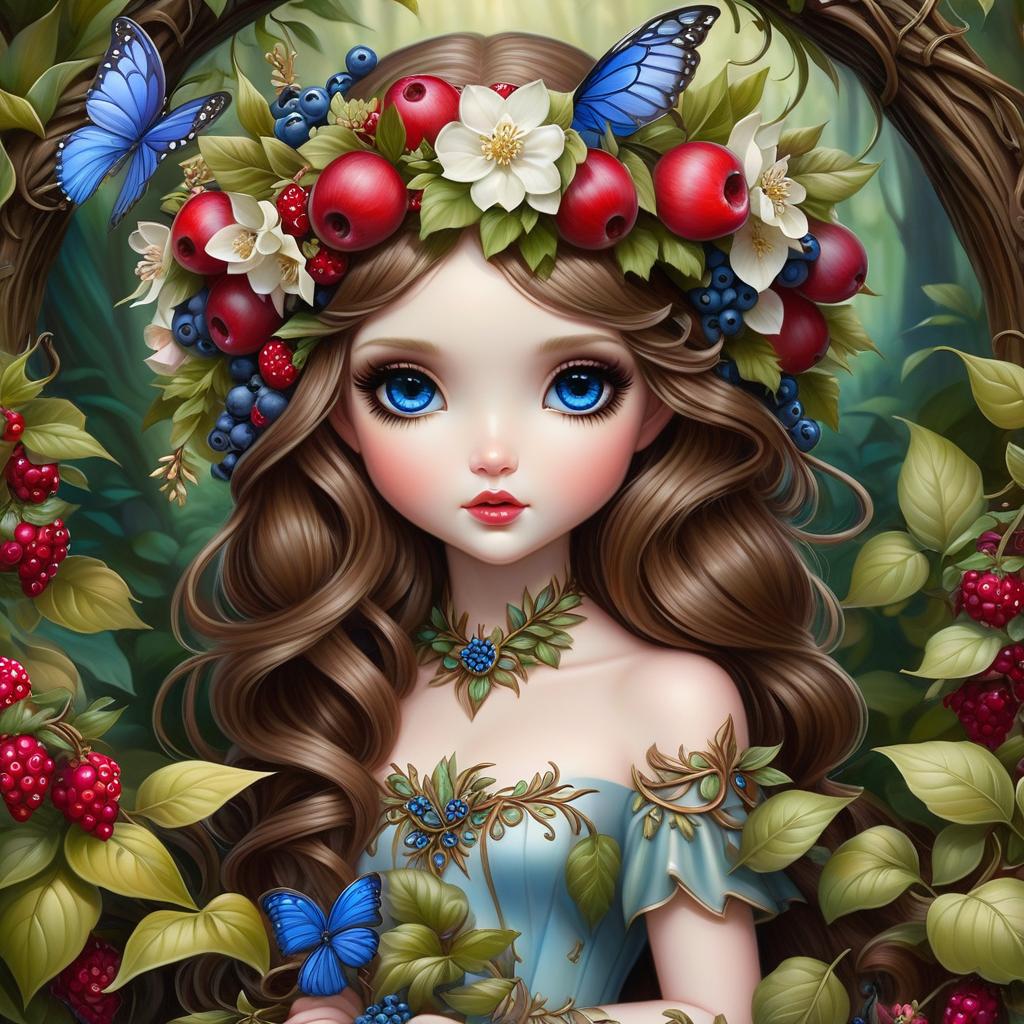  Author Jasmine Becket Griffith, fine art. {A forest nymph of thirty years stands among the flowers, brown haired, blue eyes, on her head with a wreath of berries and leaves, }, good detail, central location. well drawn details. beautiful flowers hyperrealistic, full body, detailed clothing, highly detailed, cinematic lighting, stunningly beautiful, intricate, sharp focus, f/1. 8, 85mm, (centered image composition), (professionally color graded), ((bright soft diffused light)), volumetric fog, trending on instagram, trending on tumblr, HDR 4K, 8K