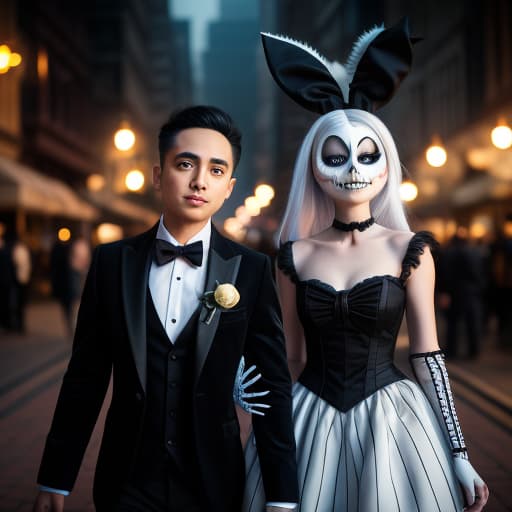  couple consisting of Jack Skeleton and Sally Finkelstein as the easter bunny, theme horror easter egg hunt, artistically drawn background, artistically drawn costume, artistically drawn body, ultra detailed, hyper focus, unreal engine, masterpiece, high rez, tim burton art style, full color, , intricate details, photorealistic,hyperrealistic, high quality, highly detailed, cinematic lighting, intricate, sharp focus, f/1. 8, 85mm, (centered image composition), (professionally color graded), ((bright soft diffused light)), volumetric fog, trending on instagram, HDR 4K, 8K