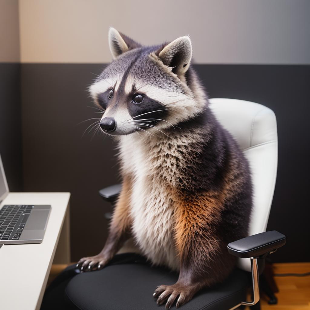  raccoon sitting in gaming chair front a computer on desktop, ((semi anthropomorphic)),(full body), tail, belly, sitting, fat, (chubby), (((white background))), solo, desktop, gaming chair, side view,  [[[clothes]]] hyperrealistic, full body, detailed clothing, highly detailed, cinematic lighting, stunningly beautiful, intricate, sharp focus, f/1. 8, 85mm, (centered image composition), (professionally color graded), ((bright soft diffused light)), volumetric fog, trending on instagram, trending on tumblr, HDR 4K, 8K