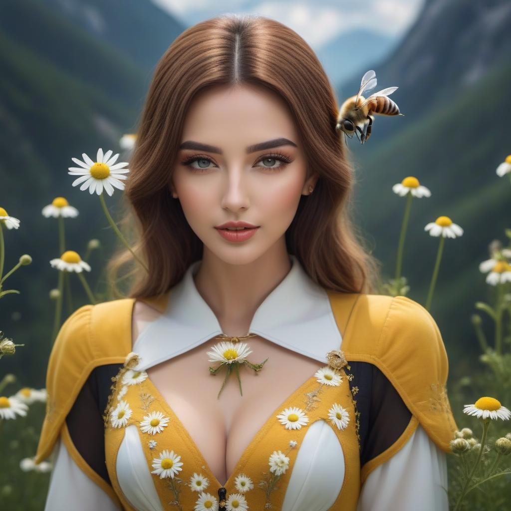  The girl kisses the chamomile and a bee on the chamomile against the backdrop of wildflowers.Style Realism hyperrealistic, full body, detailed clothing, highly detailed, cinematic lighting, stunningly beautiful, intricate, sharp focus, f/1. 8, 85mm, (centered image composition), (professionally color graded), ((bright soft diffused light)), volumetric fog, trending on instagram, trending on tumblr, HDR 4K, 8K