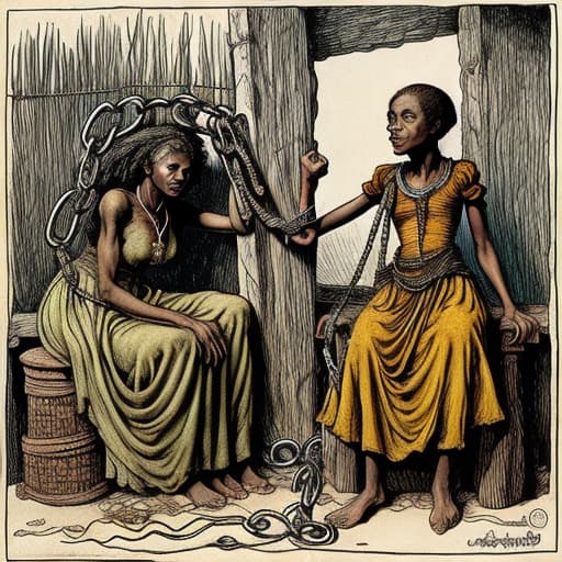  Two African slave woman in shackles and chains in the style of arthur rackham, stable diffusion