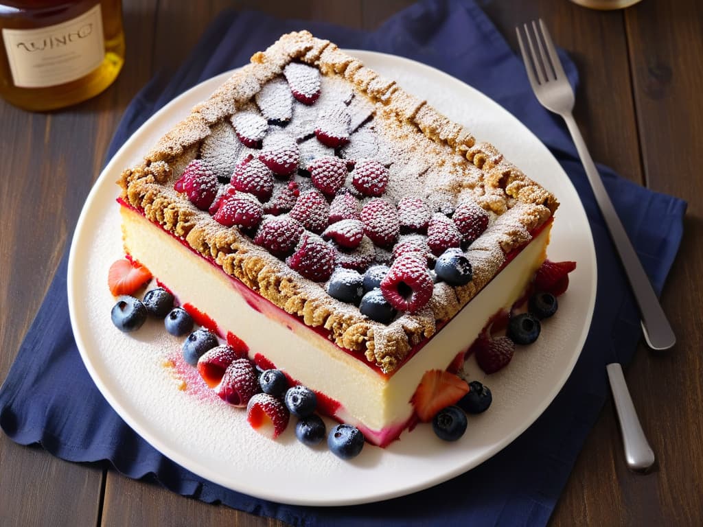  An ultradetailed closeup image of a freshly baked crumble topped with a mix of vibrant red raspberries, juicy strawberries, and plump blueberries, glistening with a light drizzle of honey and dusted with a sprinkle of goldenbrown crumble topping. The crumble is set on a sleek, white minimalist plate, showcasing the textures and colors of the dessert in exquisite detail. hyperrealistic, full body, detailed clothing, highly detailed, cinematic lighting, stunningly beautiful, intricate, sharp focus, f/1. 8, 85mm, (centered image composition), (professionally color graded), ((bright soft diffused light)), volumetric fog, trending on instagram, trending on tumblr, HDR 4K, 8K