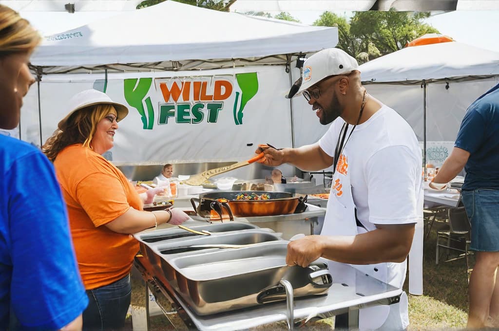  Foreground layer: Man in a white t shirt with "Wild Fest" logo preparing food in large, metal catering pans, next to a woman in an orange shirt interacting with the catering setup.