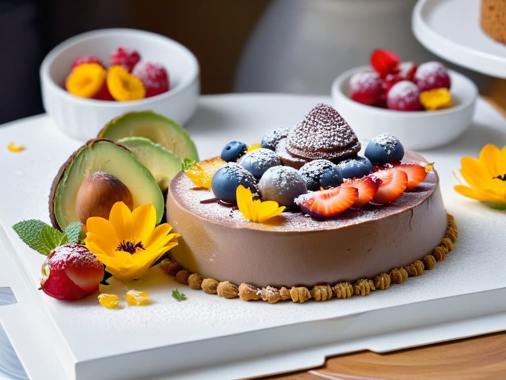  A closeup, ultradetailed image of a beautifully arranged platter of vegan desserts, featuring a variety of sweet treats like chocolate avocado mousse, coconut chia pudding, and maplesweetened fruit tarts. The desserts are garnished with fresh berries, mint leaves, and edible flowers, all displayed on a sleek, modern white platter against a soft, blurred background to highlight the vibrant colors and textures of the dishes. hyperrealistic, full body, detailed clothing, highly detailed, cinematic lighting, stunningly beautiful, intricate, sharp focus, f/1. 8, 85mm, (centered image composition), (professionally color graded), ((bright soft diffused light)), volumetric fog, trending on instagram, trending on tumblr, HDR 4K, 8K