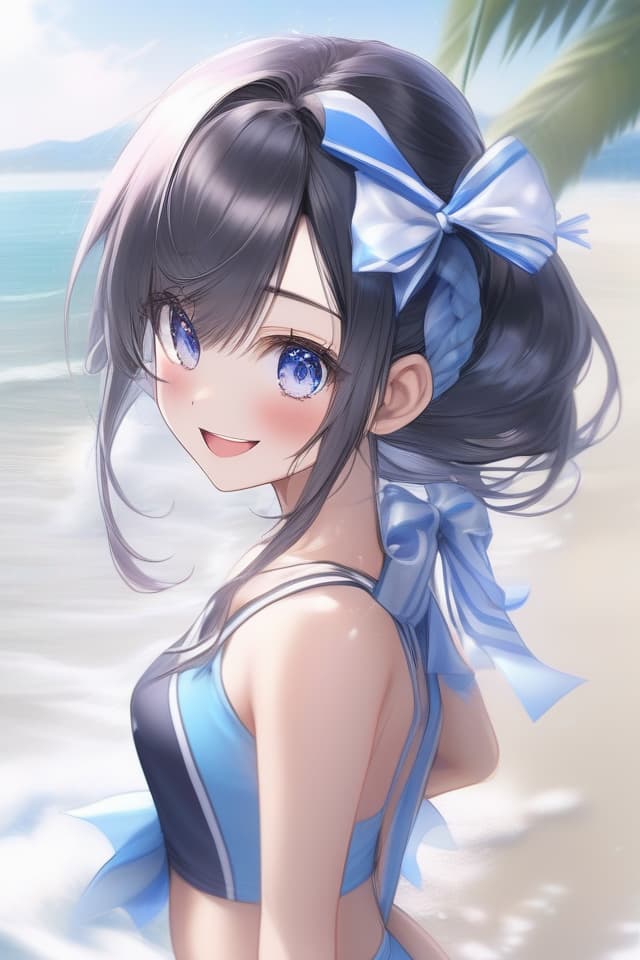  Masterpiece,one girl,cute,black glossy hair color,delicate hair color,ponytail,swaying hair,(((sparkling delicate eyes))),smiling,looking back,(((swimsuit: blue and white colors,with ribbon)))Outstanding proportions,beach,palm,painted with pink,blue and white colors,super high quality,8K