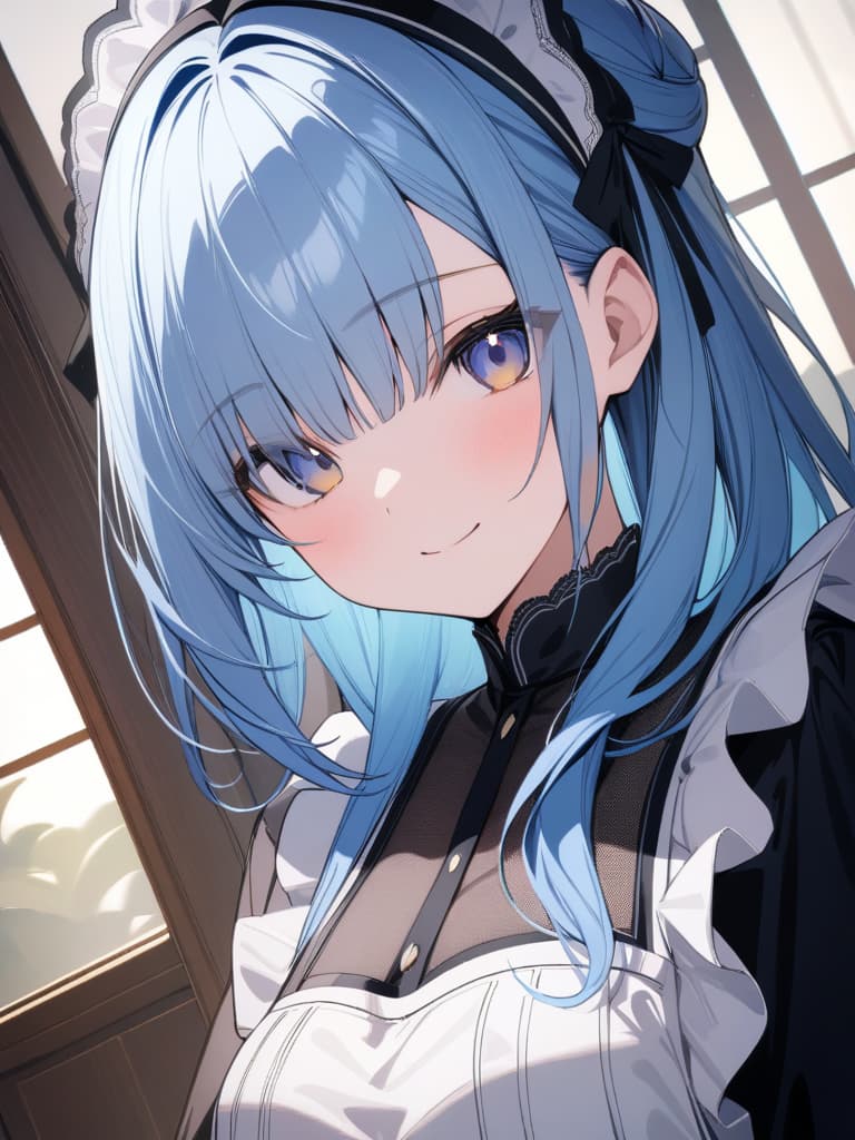  ultra detailed:1.2masterpiece:1.2,best quality,masterpiece,bestquality,hdr:1.1,8k:1.1,very cute :1.3,long hair forehead :1.4,(hair over eyes:1.1),(bangs Translucent:1.8),(blue hair )(maid :1.4, smile ,upper body,Dutch angles:1.3,luxury room:1.3,celtic patterns:1.2,face focus:1.3, masterpiece, best quality,8k,ultra detailed,high resolution,an extremely delicate and beautiful,hyper detail