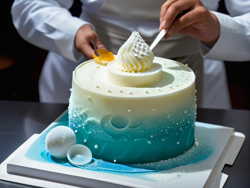  An ultradetailed closeup image of a molecular gastronomy chef using precision tools to create intricate sugar sculptures, with focus on the delicate process of shaping a molecular dessert under dim, focused lighting. hyperrealistic, full body, detailed clothing, highly detailed, cinematic lighting, stunningly beautiful, intricate, sharp focus, f/1. 8, 85mm, (centered image composition), (professionally color graded), ((bright soft diffused light)), volumetric fog, trending on instagram, trending on tumblr, HDR 4K, 8K